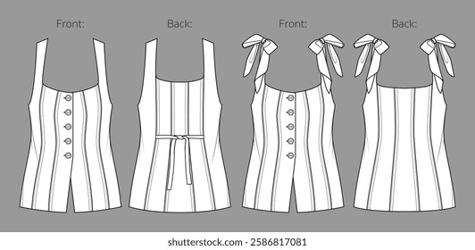 Vector sleeveless jacket with shoulder ties and buttons fashion CAD, tailored woman long vest technical drawing, template, flat, sketch. Linen or woven fabric vest with front, back view, white color