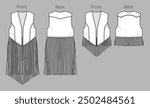 Vector sleeveless jacket with tassel trim fashion CAD, summer woman vest with fringe technical drawing, template, flat, sketch. Suede or woven fabric 2 pcs set vest with front, back view, white color