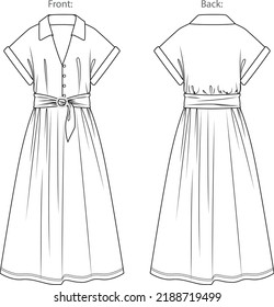 Vector sleeveless long dress fashion CAD, woman v-neck dropped shoulder dress with belt technical drawing, template, flat, sketch. Jersey or woven fabric maxi dress with front, back view, white color
