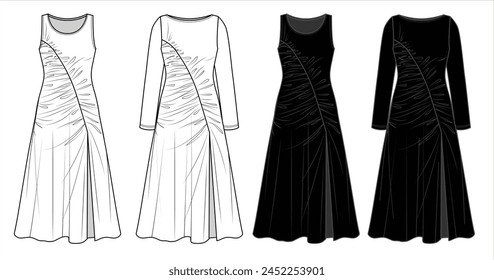 Vector sin mangas maxi vestido de moda CAD, mujer acampanada sin mangas largo dibujo técnico, Plantilla, boceto, plano, maqueta. Jersey o tela tejida 4 piezas vestido con vista frontal, color blanco negro