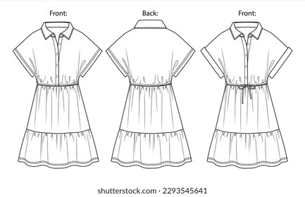 Vector sleeveless mini dress fashion CAD, woman short sleeve shirt dress  with bow technical drawing, template, flat, sketch. Jersey or woven fabric mini dress with front, back view, white color