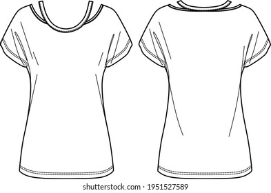 CAD de la moda del cuello redondo sin mangas vectorial, mujer soltó el dibujo técnico de la blusa del hombro, plantilla, plano, boceto. Camiseta de tela Jersey o tejida con vista frontal, trasera, color blanco