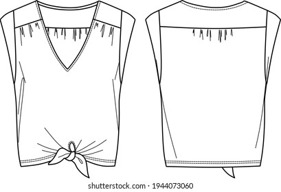 Vector sleeveless top fashion CAD, woman v neck blouse with bow detail technical drawing, flat, sketch, mock up, template. Jersey or woven fabric t shirt with front, back view, white color