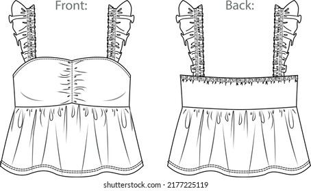 Vector sleeveless top with ruffles fashion CAD, woman tank top with frills and shoulder straps technical drawing, template, sketch, flat. Jersey or woven fabric top with front, back view, white color