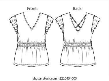 Vector sleeveless top with ruffles fashion CAD, summer woman tank top with frills and gathering on waist technical drawing, template, sketch, flat. Blouse flat, front, back view, white color