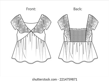 Vector sleeveless top with ruffles fashion CAD, woman tank top with frills and lace details technical drawing, template, sketch, flat. Jersey or woven fabric top with front, back view, white color