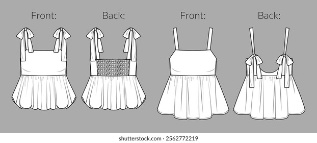 Vector sleeveless top with ruffles fashion CAD, summer woman tank top with frills and shoulder straps technical drawing, template, sketch, flat. Woven fabric blouse flat, front, back view, white color