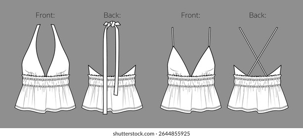 Vector sleeveless top with ruffles fashion CAD, summer woman tank top with frills and shoulder straps technical drawing, template, sketch, flat. Woven fabric blouse flat, front, back view, white color