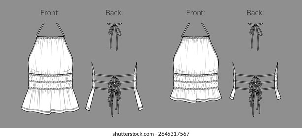 Vector sleeveless top with ruffles fashion CAD, summer woman tank top with frills and shoulder straps technical drawing, template, sketch, flat. Woven fabric blouse flat, front, back view, white color