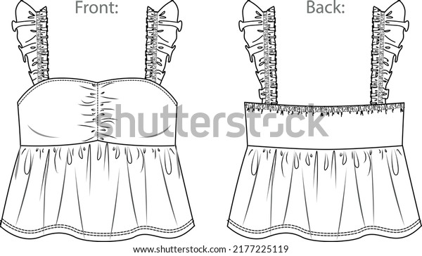 Vector sleeveless top with ruffles fashion CAD,\
woman tank top with frills and shoulder straps technical drawing,\
template, sketch, flat. Jersey or woven fabric top with front, back\
view, white color