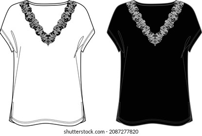 Vector sleeveless T-Shirt with lace trim fashion CAD, woman V-neck top with dropped shoulder technical drawing, template, flat, sketch. Jersey or woven fabric blouse with front, back view, white color
