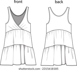 Vector sleeveless V-neck mini dress technical drawing, ruffle detail fashion CAD, sketch, template, plain women's dress. front back view