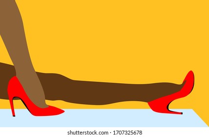 Vector slender tanned legs in red classic shoes on yellow with copyspace
