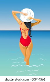 vector slender young dark-haired girl walks into the sea