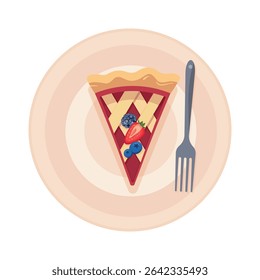 Vector slice of berry pie with jam and mixed berries – raspberry, blueberry, blackberry, strawberry – served on a plate with fork. Perfect for dessert menus, packaging, kids design, holidays and sales