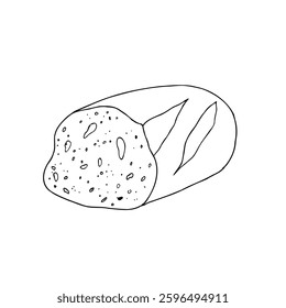 Vector slice of bread, bakery. Graphic ink loaf food, whole grain bread, ciabatta, brown homemade, baguette. Bun illustration isolated on background. Hand drawn line sketch. For designers, prints