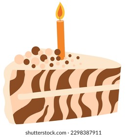 Vector slice of cake. Tasty cake slices with cream and candle. Delicious cake in hand drawn style