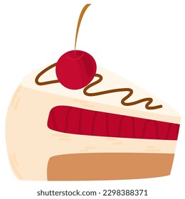 Vector slice of cake. Tasty cake slices with cream and cherry. Delicious cake in hand drawn style