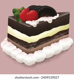 vector de un trozo de pastel de chocolate recubierto de mermelada de queso y mermelada de chocolate con una cereza