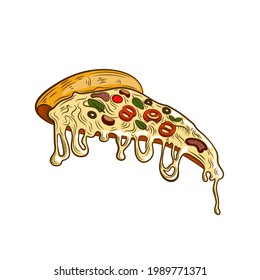 Vector slice of colorful pizza, hand drawn engraving vintage style illustration, pizza isolated on white background.