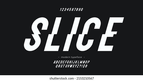 Vector Slice Font Slanted Style Modern Typography For Decoration, Industrial, Logo, Poster, T Shirt, Book, Card, Sale Banner, Printing On Fabric. Cool 3d Typeface. Trendy Alphabet. 10 Eps