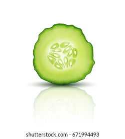 Vector Slice Juicy Cucumber Isolated On White Background. Realistic 3d Illustration. Element For Modern Design