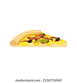 Ropa vectorial de pizza con aceitunas, tomates y pepperoni. Ilustración de comida rápida
