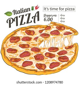 Vector slice pizza with tomato, cheese, basil, salami on white background. Doodle top view. Hand-drawn illustration Menu, line and watercolor sketch.