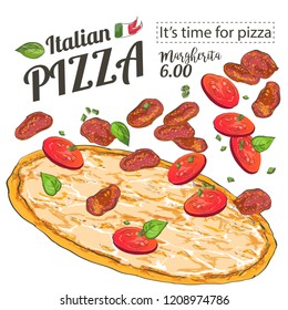 Vector slice pizza with tomato, cheese, basil, salami on white background. Doodle top view. Hand-drawn illustration Menu, line and watercolor sketch.