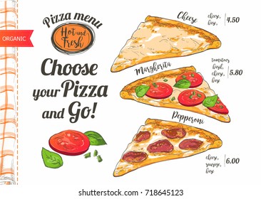 Vector slice pizza with tomato, cheese, basil, salami on white background. Doodle top view. Hand-drawn Menu illustration, line and watercolor sketch.