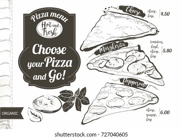 Vector slice pizza with tomato, cheese, basil, salami on white background. Doodle top view. Hand-drawn illustration. Menu, engraving, line sketch.