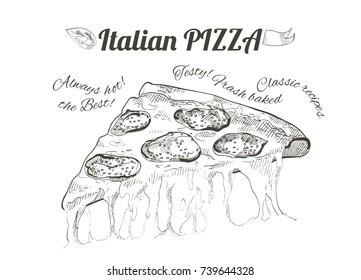 Vector slice pizza with tomato, cheese, basil, salami on white background. Doodle top view. Hand-drawn illustration Menu, line and watercolor sketch.