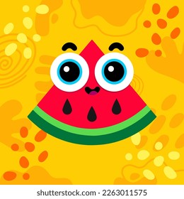 Vector slice of watermelon with big eyes. Children love watermelon. Illustration and stylization of watermelon. Abstract background. Happy funny art.