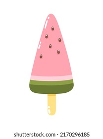 Vector slice of watermelon ice cream on a stick. Cold dessert. Summer sweetness. Isolated on white background