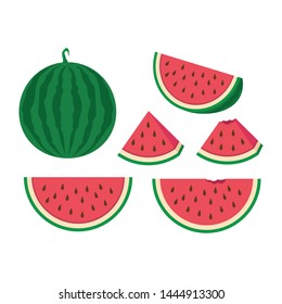 Vector slice watermelon. Vector set of whole and slices watermelon fruit isolated. Whole and cut in half watermelon