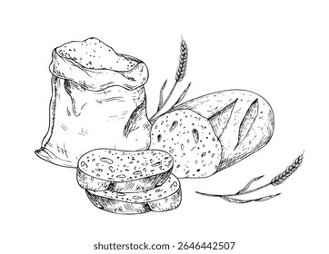 Vector sliced bread and wheat in a rustic canvas bag. Vintage outline hand drawn illustration perfect for organic bakery branding. Detailed design ideal for farm-to-table or harvest-themed content