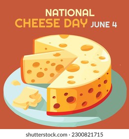 vector of sliced cheese at the plate with bold text isolated on brown background to celebrate national cheese day on june 4