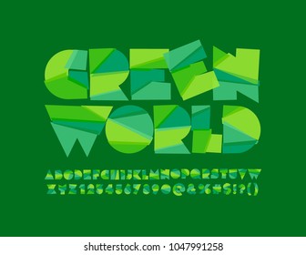 Vector sliced Eco Logotype Green World. Abstract geometric Font. Set of Modern pattern Alphabet Letters, Numbers and Symbols