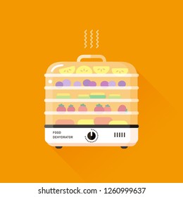 vector sliced fruits in the food dryer machine, electric food dehydrator / dried vegetable snacks / healthy diet concept / flat illustration, cartoon style / isolated, sign and icon template