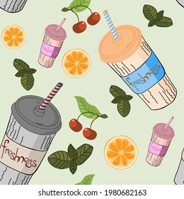 Vector, sliced fruits, seamless pattern. Fresh watermelon, orange, kiwi, lime, lemon, grapefruit. Flat illustration. Healthy and natural organic food.