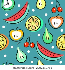 Vector Sliced Fruits Seamless Pattern. Watermelon, Apple, Pear, Cherry, Lemon. Flat Illustration. Fruit Pattern.