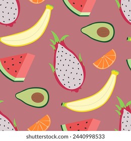 vector sliced fruits seamless pattern on red pink.