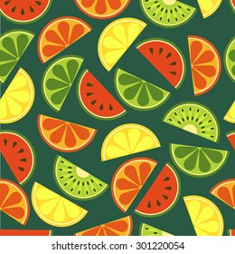 Vector sliced fruits seamless pattern. Fresh of watermelon, orange, kiwi, lime, lemon, grapefruit on green background. Abstract flat illustration design. Healthy and natural organic food.