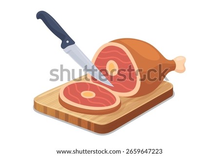 Vector Sliced Ham on Cutting Board with Kitchen Knife. Fresh Ham Meat for Cooking, Ham Slice on Wooden Board. Delicious Meat Food Icon for Culinary Design and Butcher Shop Decoration