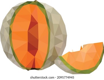 vector sliced orage melon low poly style on white background.