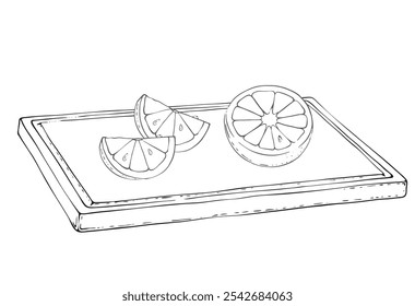 Vector Sliced Orange on a Board. On a white background. Ingredient for juice, mulled wine, recipes, charlotte, jam, preserves, compotes. Harvest in the garden. Printing typography