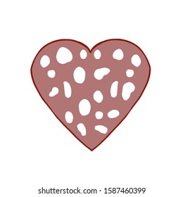 Vector sliced piece of smoked sausage, heart shape. Ingredient for sandwich. Food design element. Meat lover