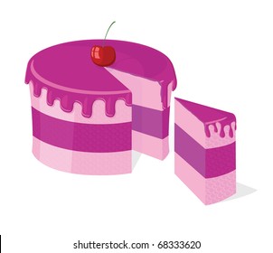 Vector sliced pink cake with delicious cherry for birthday, wedding, etc.