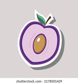 Ilustración de ciruela en rodajas vectoriales. Pegatina de ciruela con contorno blanco