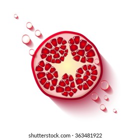 Vector sliced pomegranate with drops of juicy and seeds tropical fruit, realistic design, minimalistic style, isolated garnet fruit on a white background.